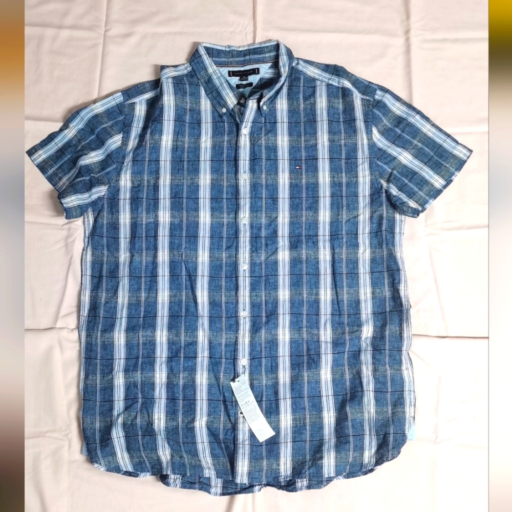 NWT Tommy Hilfiger Men's Linen/Cotton Button Up Shirt Long Sleeve Plaid XXL